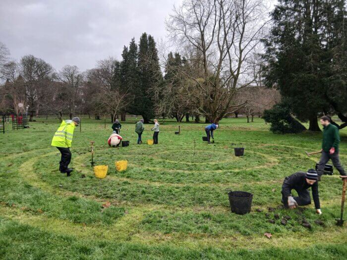 Gardeners planting a maze in the grass