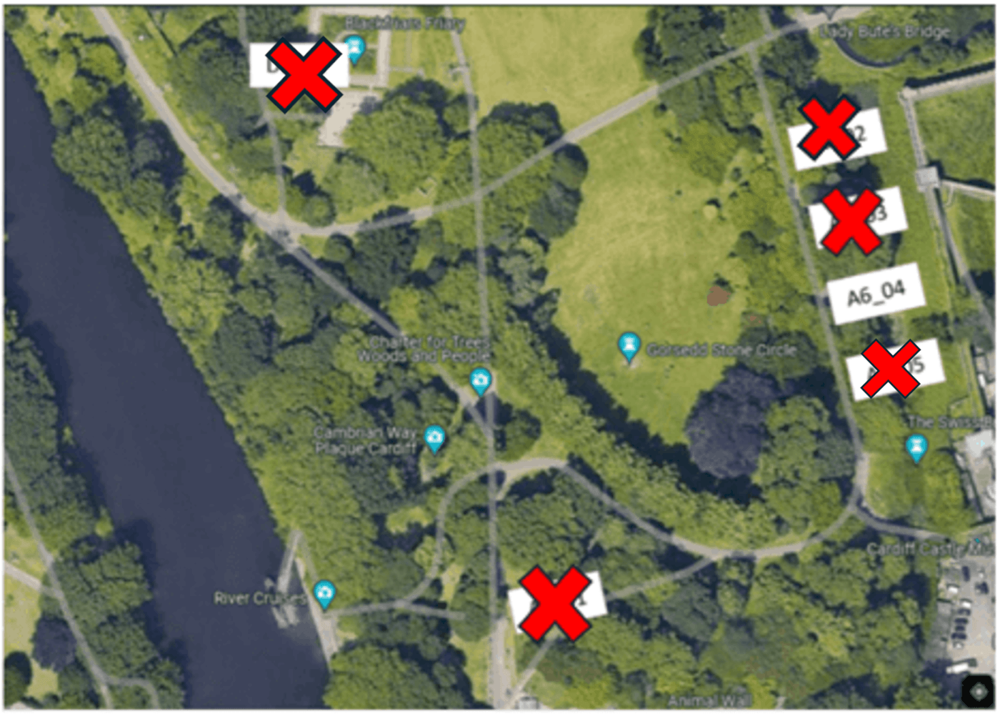 Map of benches in A6 section Bute Park